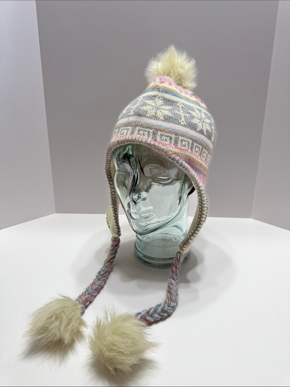 Mudd Kids Earflap Pom Pom Beanie - Light Blue, Pink, Cream, Gray